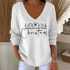 2025 3D Print V-Neck Drop Shoulder Christmas Pullover for Women