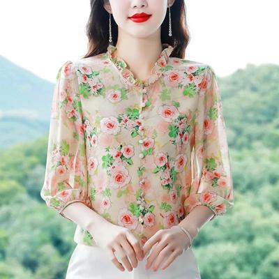 Spring/Summer New 3/4 Sleeve Floral Chiffon Shirt Fashion Ruffle Print Wood Ear Collar Top Blouse Blusas