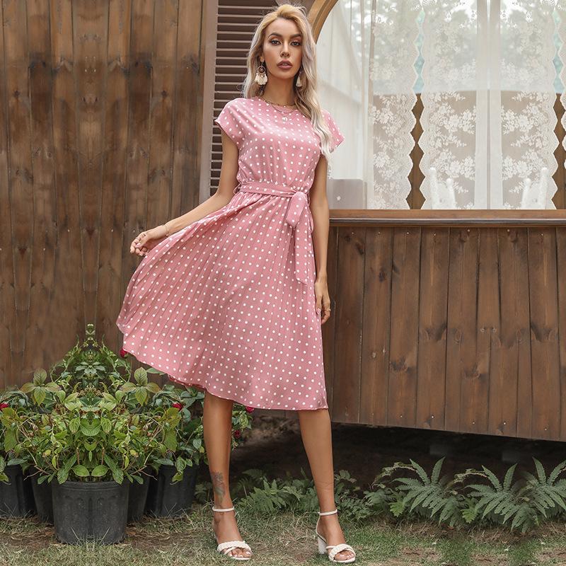 2026 Summer Polka Dot Pleated Lace-up Dress - Mid-length Casual Short-sleeved Style for European and American Markets
