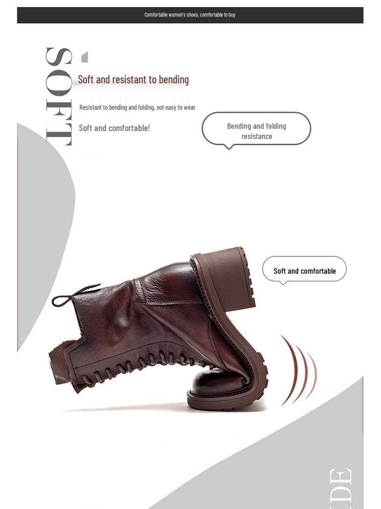 Shanghai Jie Zhou Herbstliche Stiefeletten mit runder Zehenpartie, Blockabsatz, aus Rindsleder, modische Martin Boots mit seitlichem Reißverschluss – Mittelhohe Stiefeletten