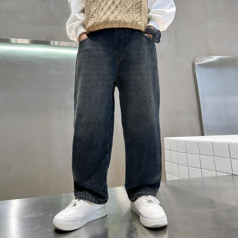 Boys Denim Pants Solid Elastic Wiast Trousers Children Jeans Loose Wide-leg Pants Teenager Casual Straight Trousers 5-14Y