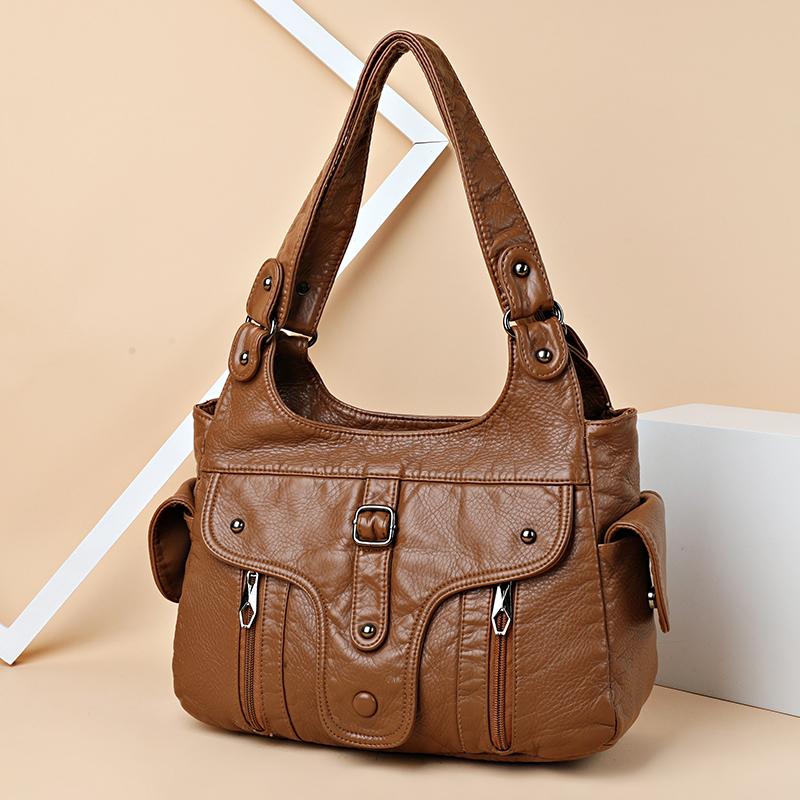 

Женская черная текстурированная кожаная сумка-хобо многокарманная на плечо через плечо модная повседневная 32*12*22cm коричневый