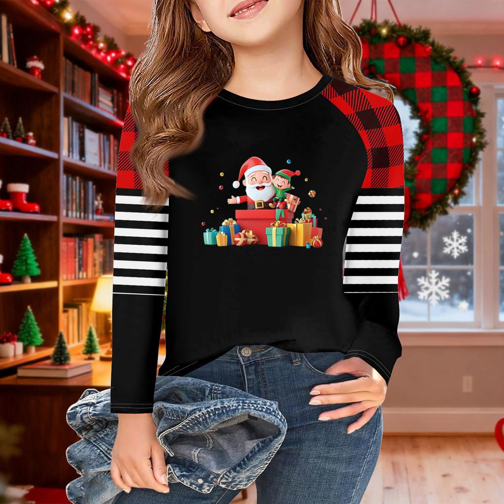 Girls Long Sleeve Christmas Day T Shirts Kids Fall Tops Crewneck Basic Tees 5-14Y