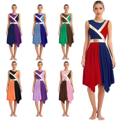 Womens Metallic Color Block Patchwork Liturgical Dance Dress Invisible Zipper Back Round Neck Sleeveless Asymmetrical Hem Dresses Dancewear