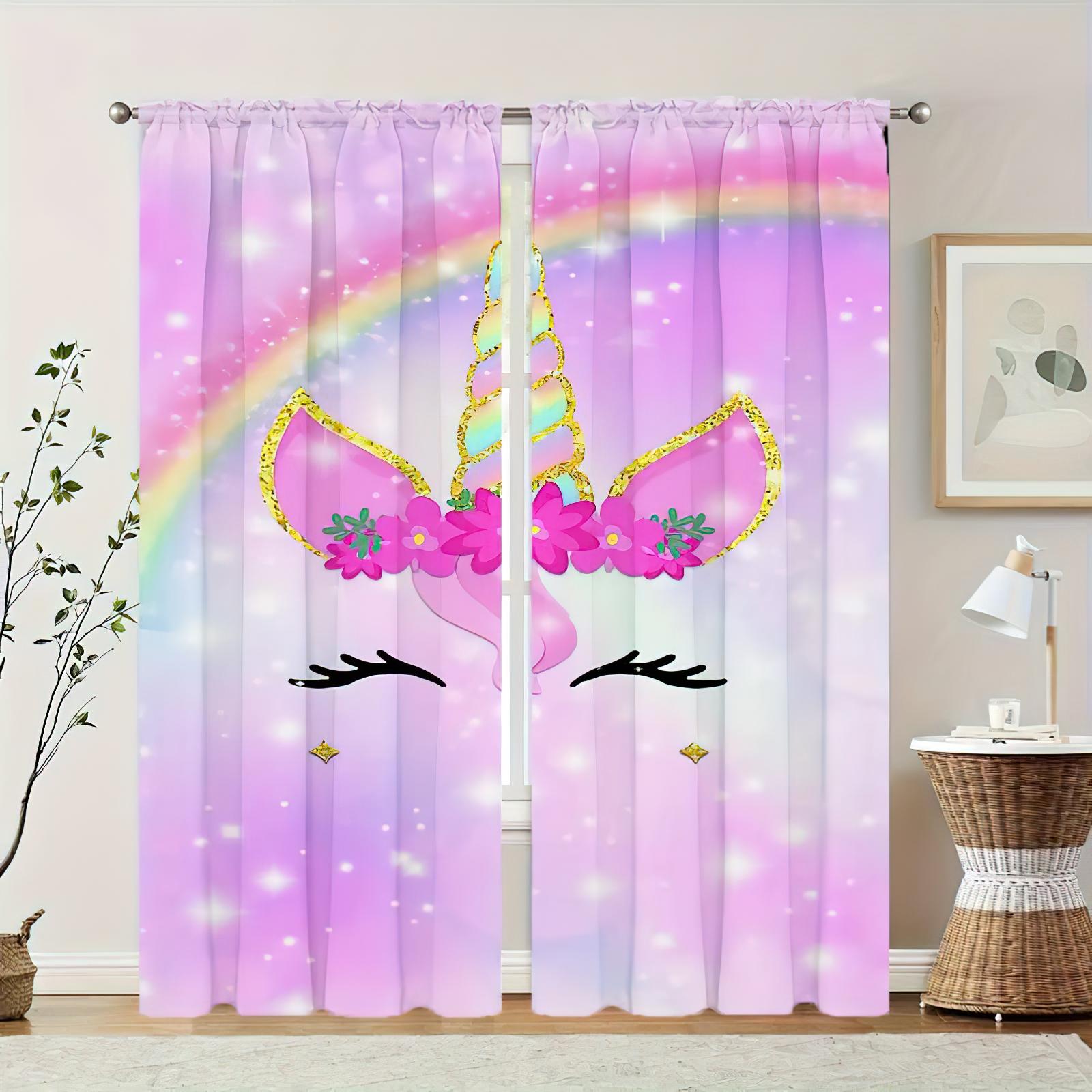 

Soft Pink Unicorn Pattern Print Window Curtains, Children Gift Bedroom Space Decorative Piece Window Curtains, High Quality Semi-Light Blocking W50xH140(CM)x2PCS&Rod pocket
