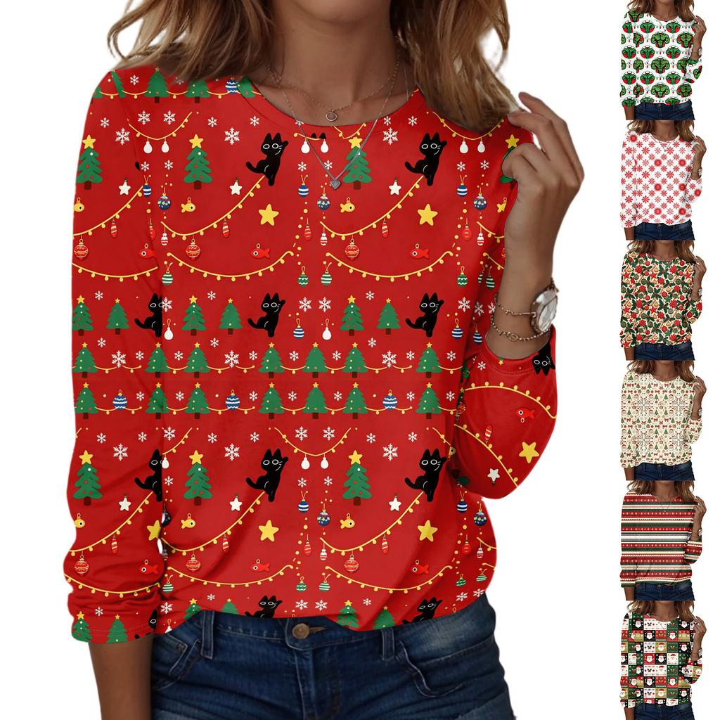 Women's Christmas Print Crewneck Long Sleeve Pullover Top for Holiday Party and Casual Wear