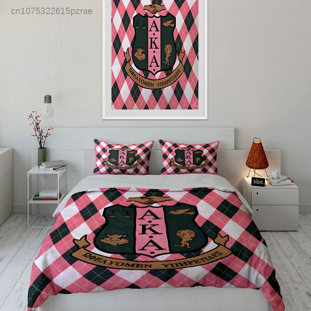 "AKA Sorority Pink Green Argyle Crest 3PC " Multiple Sizes Kid's And Adults' Bedroom Exquisite 3PC Bedding Set, Gift