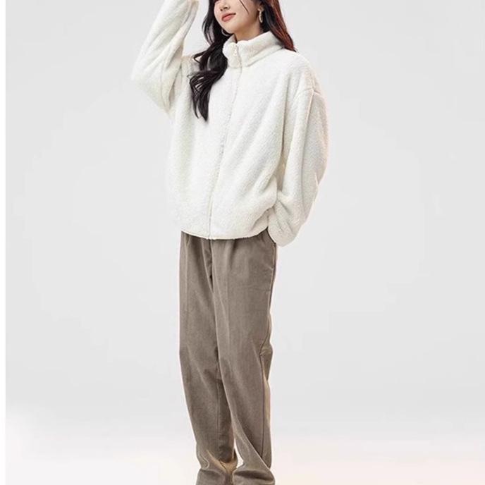 2026 Women's Casual Solid Coral Fleece Stand Collar Hoodie Jacket