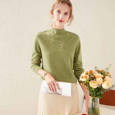 TUHUANG Women's Pure Wool Embroidered Semi-Turtleneck Sweater