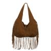 Borsa a Spalla Tote in Camoscio Vintage con Design a Frange e Colore Solido per Uso Quotidiano
