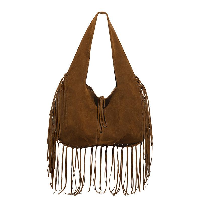 Borsa a Spalla Tote in Camoscio Vintage con Design a Frange e Colore Solido per Uso Quotidiano