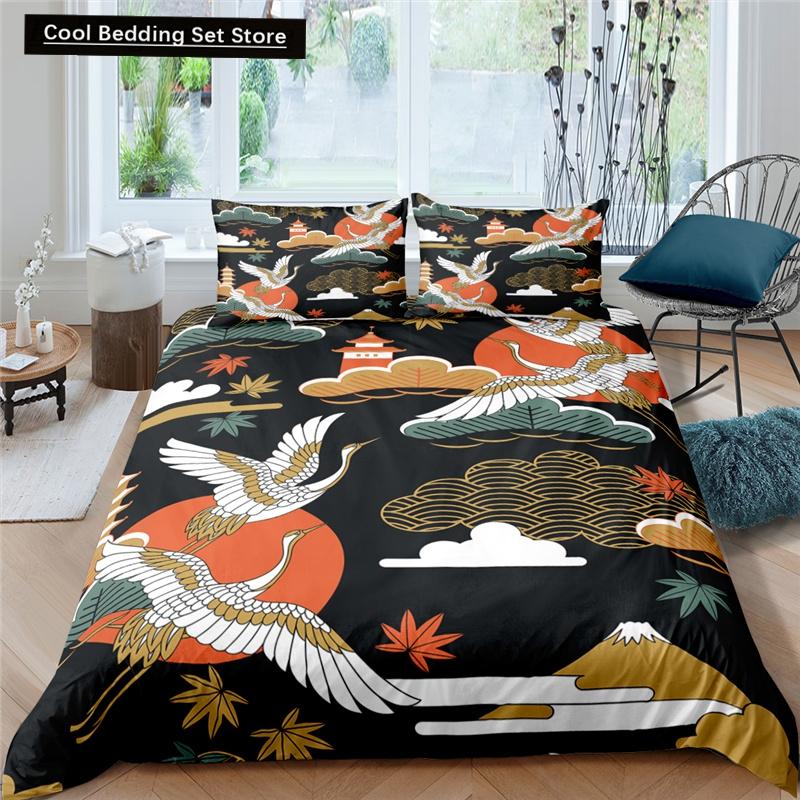 Japanischer Kranich-Bettbezug, King- und Queen-Size-Bettwäscheset mit Wellenblume im Ukiyo-e-Stil, östliche Kultur, 2/3-teilig, Polyester-Bettbezug