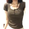 Pure desire wind positive shoulder U-neck short-sleeved T-shirt women's summer design sense niche slim waist slim Spice girl short top