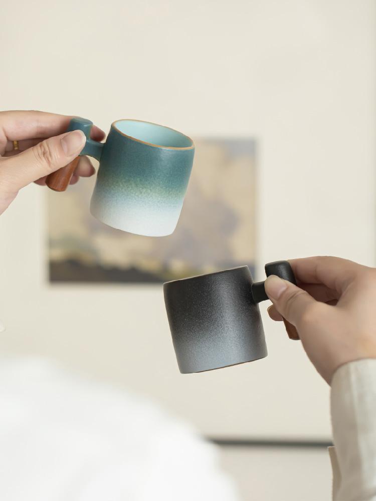 70 small capacity ceramic gradient wood handle latte coffee cup, coarse ceramic Japanese kiln made mug tea cup
