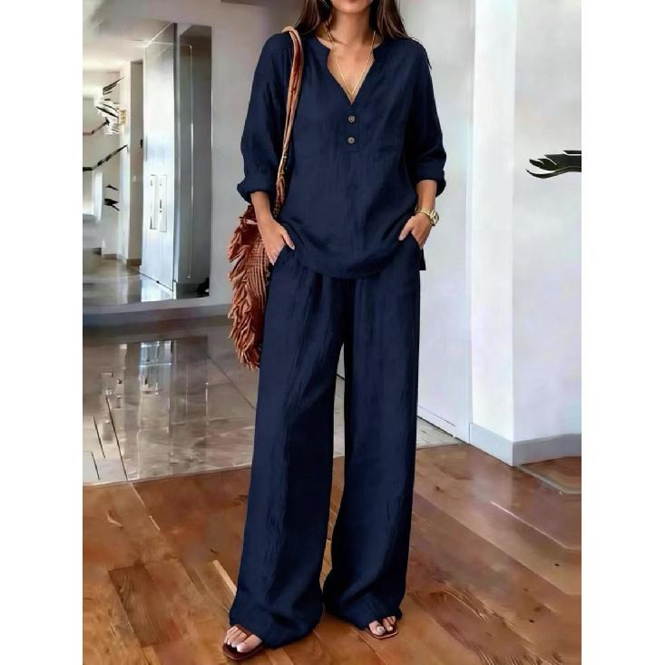 2026 New Women's Suit V-neck Long Sleeve Long Pants Solid Color Loose Casual Two-piece Set