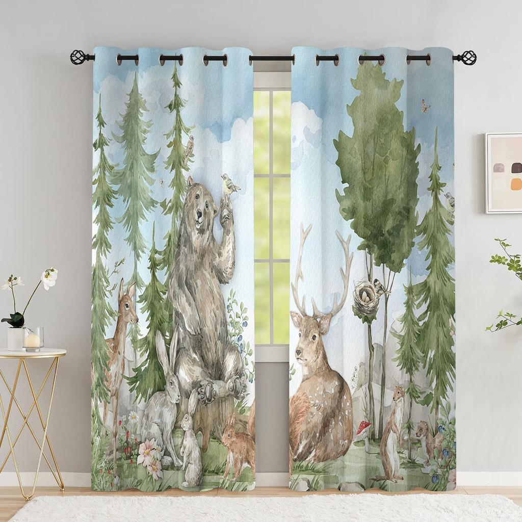 Wald Safari Tiere Verdunkelungsvorhang Cartoon Waldbär Fuchs Hirsch Kinder und Kinder Fenstervorhänge für Schlafzimmer Wohnzimmer