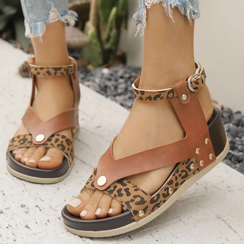 Fashion Summer Women's Shoes Leopard Print Wedge Sandals Women Plus Size Ankle Strap High Heel Sandal Female Slip on Sandalias De Mujer
