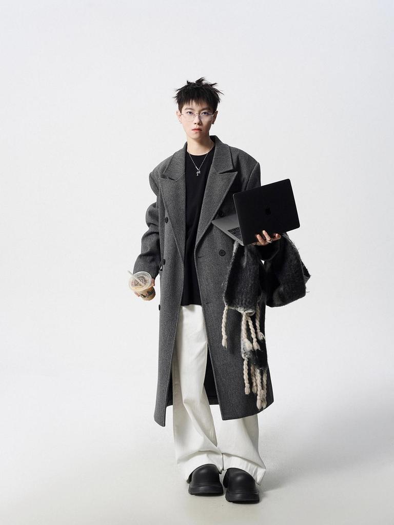 Men's Black Wool Trench Coat - Korean Style, Mid-Length, Over-the-Knee for 2025 Spring/Autumn