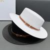 Straw Hat Wide Brim Flat Faux Leather Strap Top Design Metal Buckle Decor Sun Hat Beach