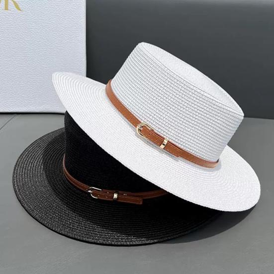 Straw Hat Wide Brim Flat Faux Leather Strap Top Design Metal Buckle Decor Sun Hat Beach