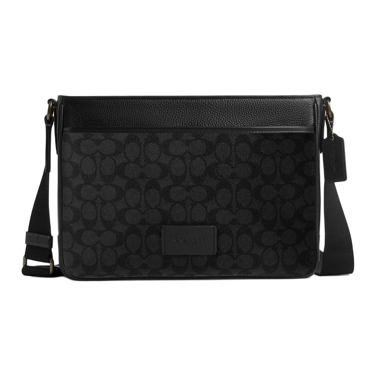 

Coach Signature Canvas Leather Trim Laptop Messenger Bag Adjustable Shoulder Strap, Designer Crossbody Briefcase for Work & Daily Use CV761-QBMI5 Basic Set (Bag+Dust Bag)