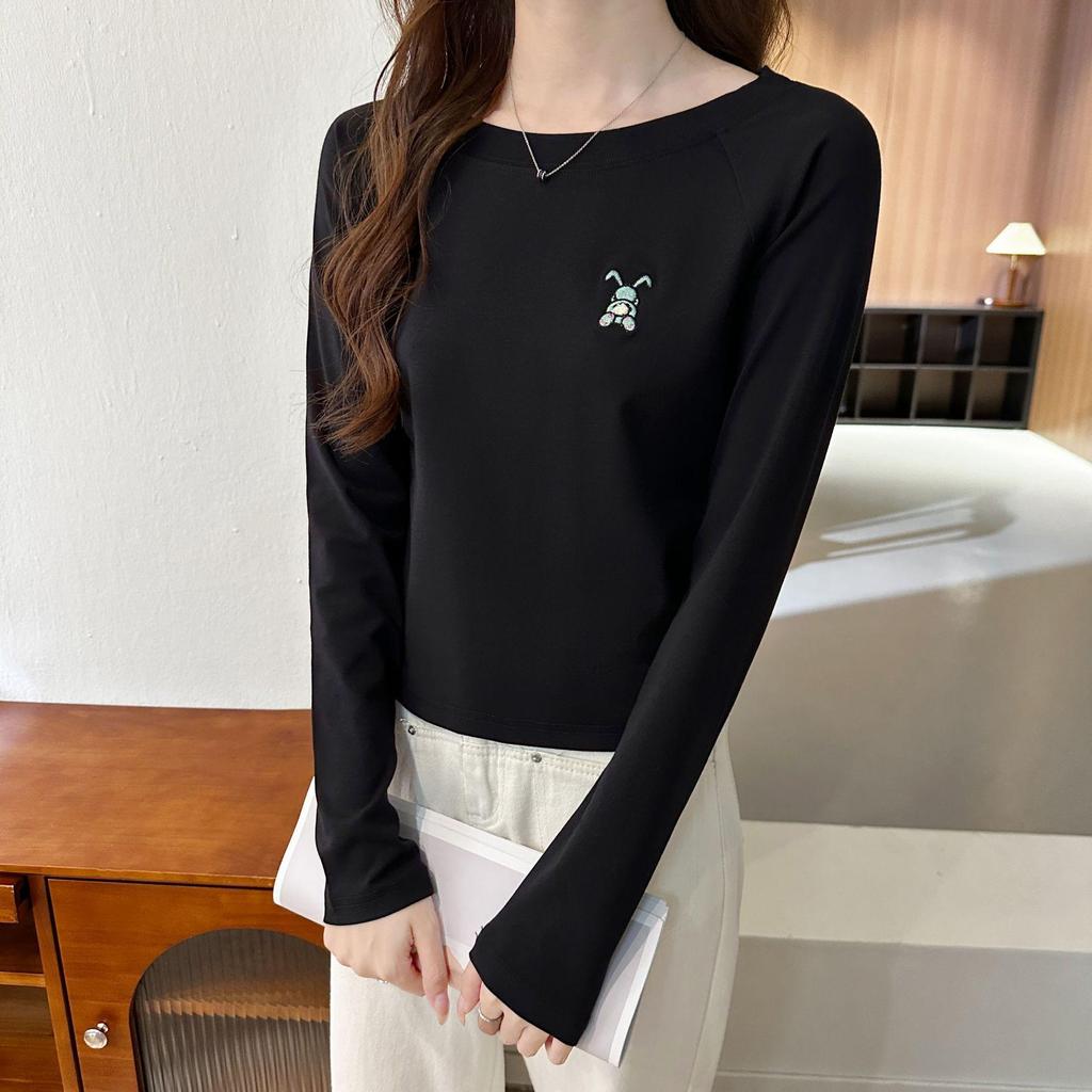 Damen 2024 Herbst Slim Fit Baumwolle Langarm Rundhals Besticktes Oberteil