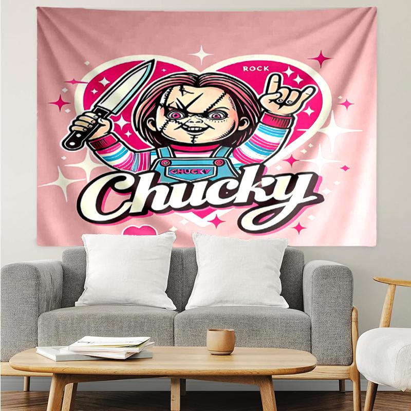 Chucky Print Tapestry, Backdrop, Easy Setup, Ideal for Bedroom, Office & Living Room, with Aesthetic Wall Hanging Decor.