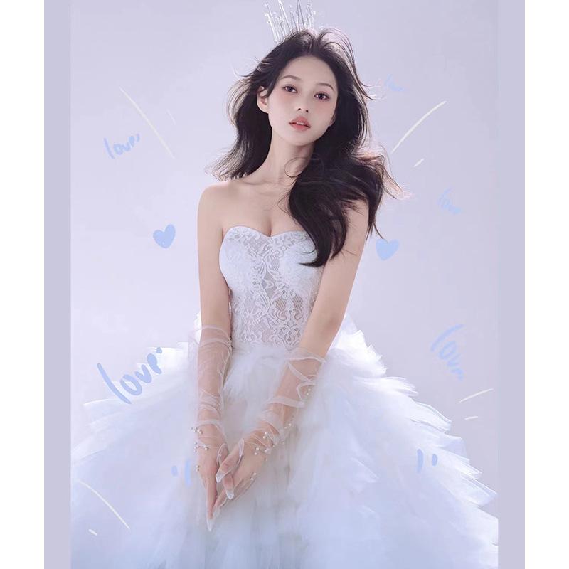 Blue tube top wedding dress sweet fashion super fairy male style light luxury outdoor fluffy yarn