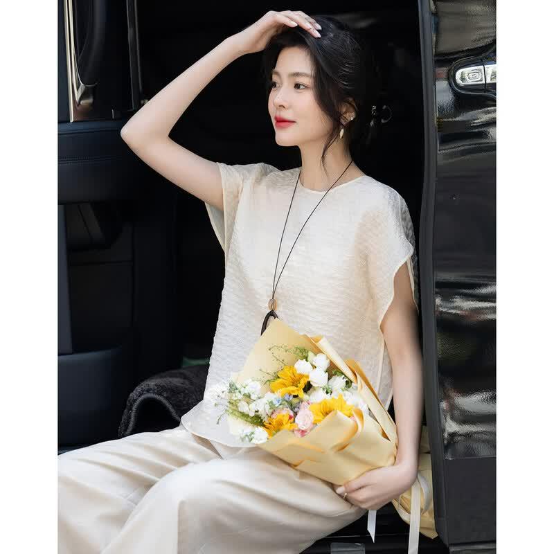 Demana Elegant City Glossy Round Neck Drop Shoulder Short Sleeve Shirt L