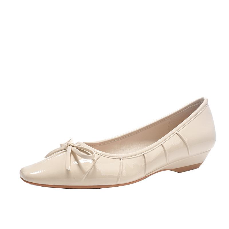 Pleated design sense~ slope heel small bow temperament flat shoes women's small square head single shoes spring and autumn