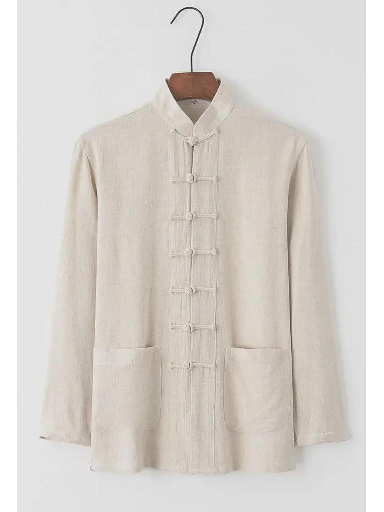 Chinesischer Stil Herren Langarm Baumwoll-Leinen Tang Anzug für mittlere und ältere Jahre - Retro Knöpfe Tai Chi Outfit