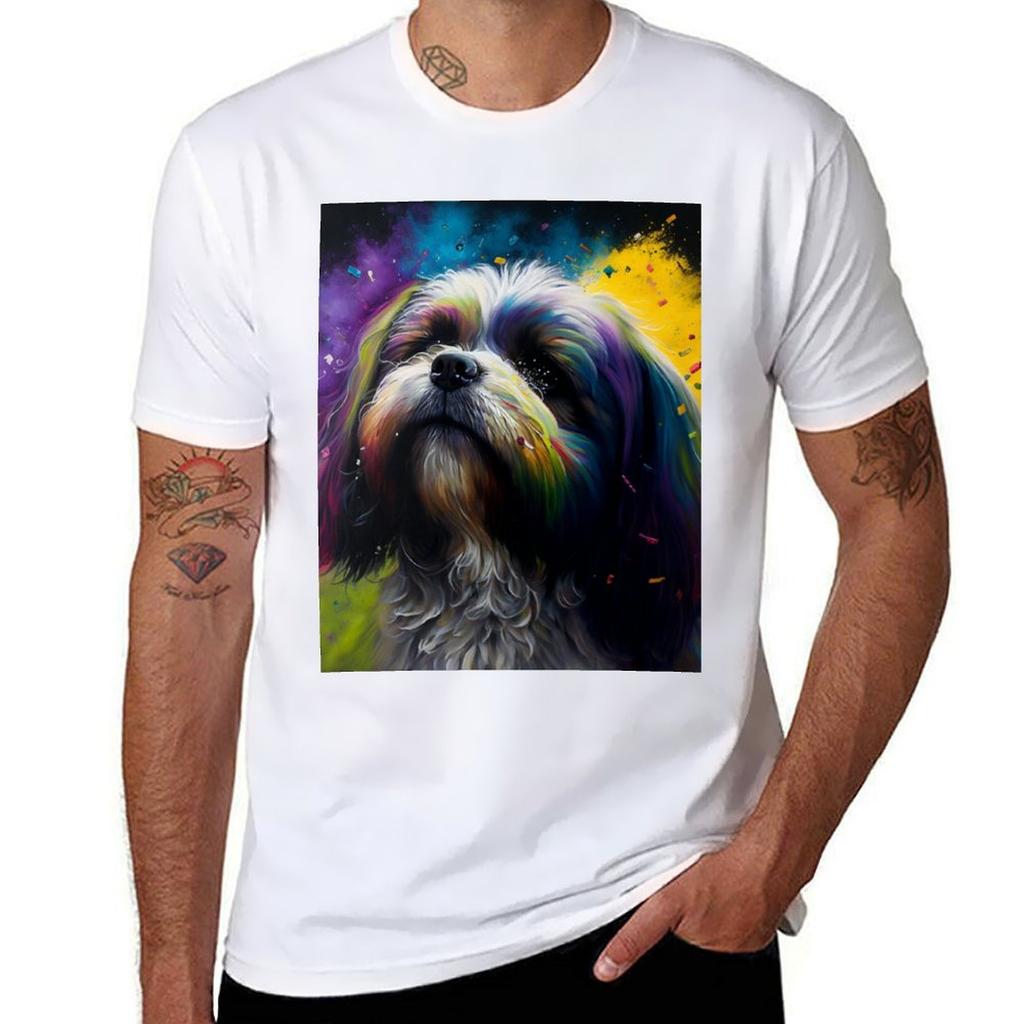 Lhasa Apsos Dog Synesthetic Splash Painting Artwork Tshirt Comfortable Workout Short Sleeve Shirt