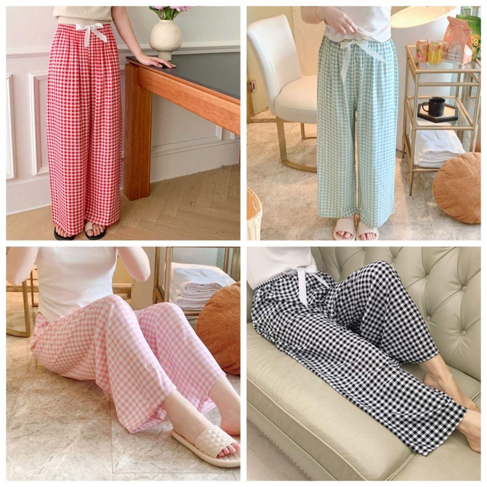 Sweet Plaid Pajama Pants High Waist Wide Leg Home Trousers Soft Casual Pants Women Spring Autumn