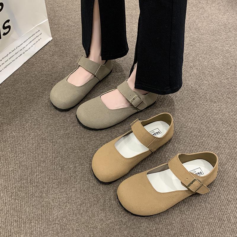 Frühling und Herbst Hochwertige Damenschuhe Modische runde Zehen Flacher Mund Einfarbig Einzeilige Schnalle Damen Flache Schuhe