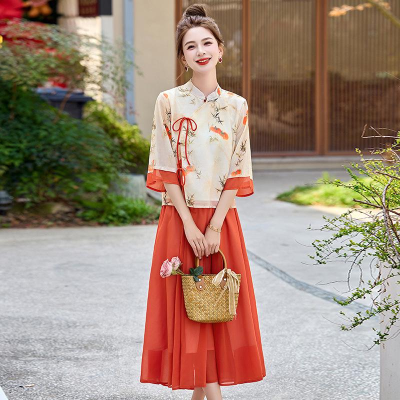 2025 Summer New Chinese Style Stand Collar Top & Skirt Hanfu Set LX292
