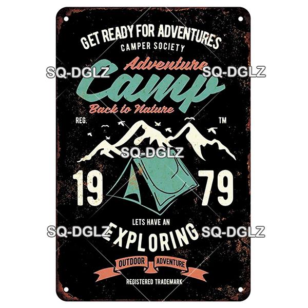 SQ-DGLZ Vintage Camping Rules Relax Metal Sign Plate Tin Sign Plate Home Bar Door Wall Decor Sticker Decoration Plaque Poster