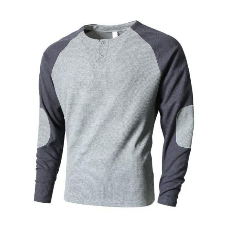 Spring Fall Men Top Regular Fit Colorblocked Long-Sleeve T-Shirt Buttoned Round Neck Patch Decor Casual Sports Parties T-shirt