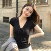 Black V-neck strap short-sleeved t-shirt women's front shoulder summer new short slim-fitting Korean beautiful small clothes