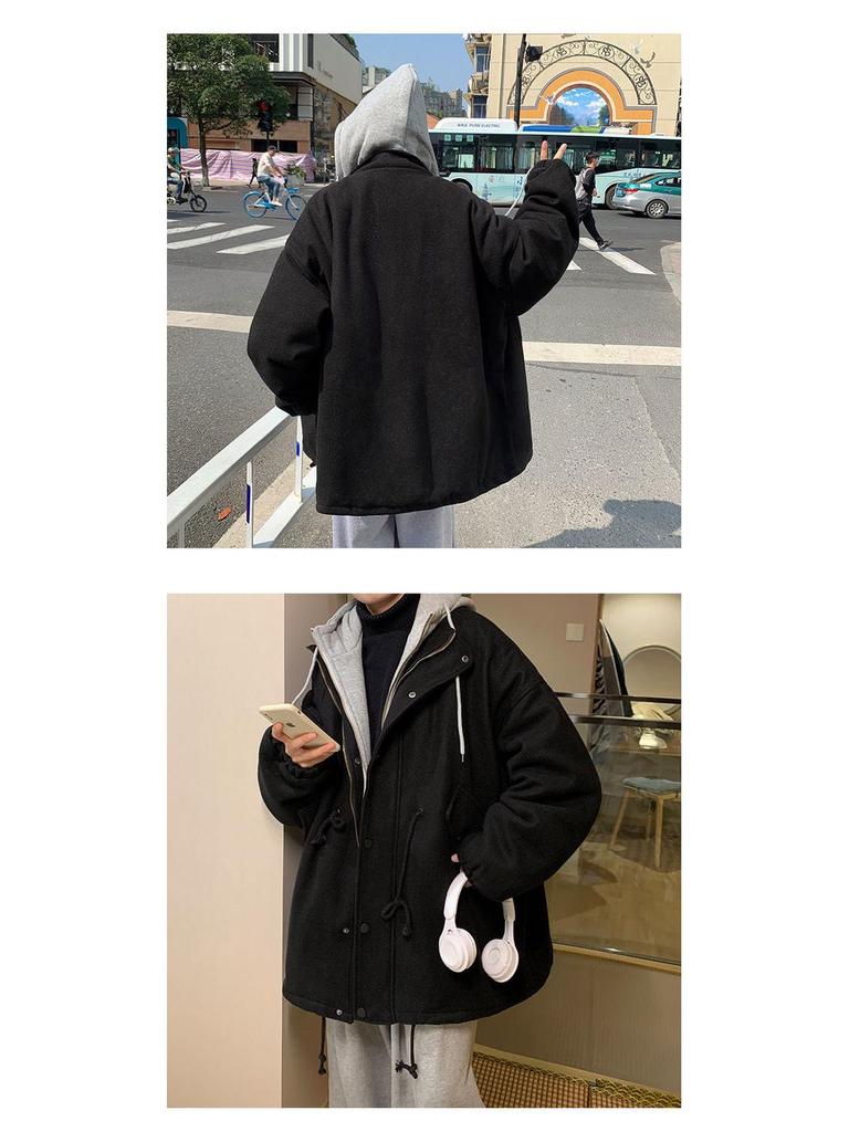 Men's Korean Style Woolen Cotton Winter Jacket - Trendy, Thickened, Loose Fit, Two-Piece Windbreaker, Retro Hong Kong Style