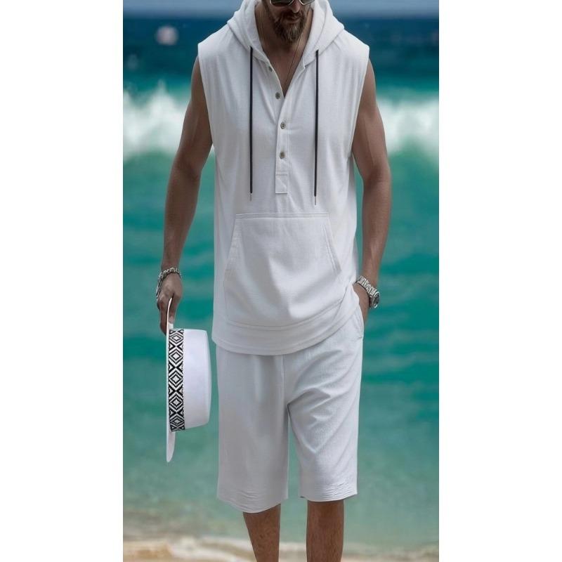 Mens Casual Loose Hooded Sleeveless Vest And Shorts Set