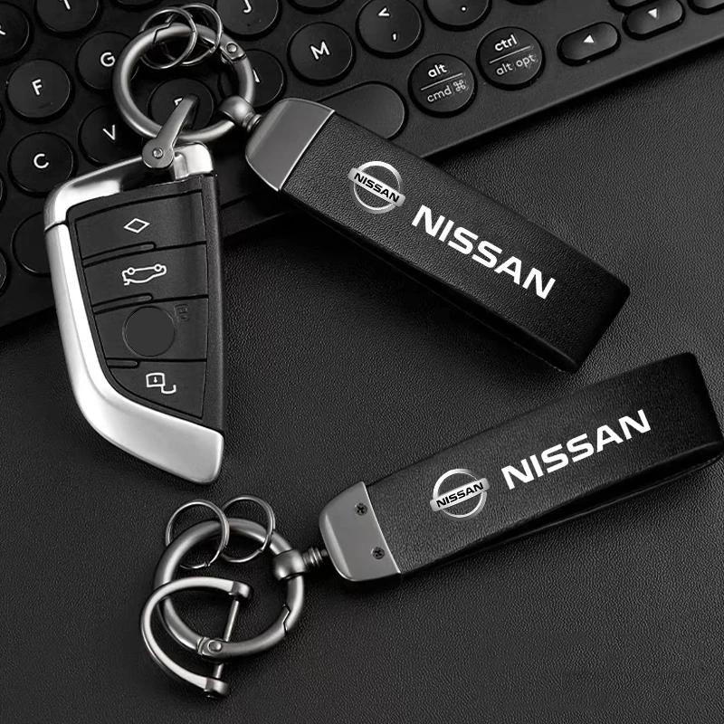 Skórzany Brelok do Kluczy Samochodowych z Metalowym Pierścieniem i Zawieszką Logo Samochodu Dla Nissan X-trail Qashqai Note Juke Sentra Patrol Navara Micra Leaf Almera