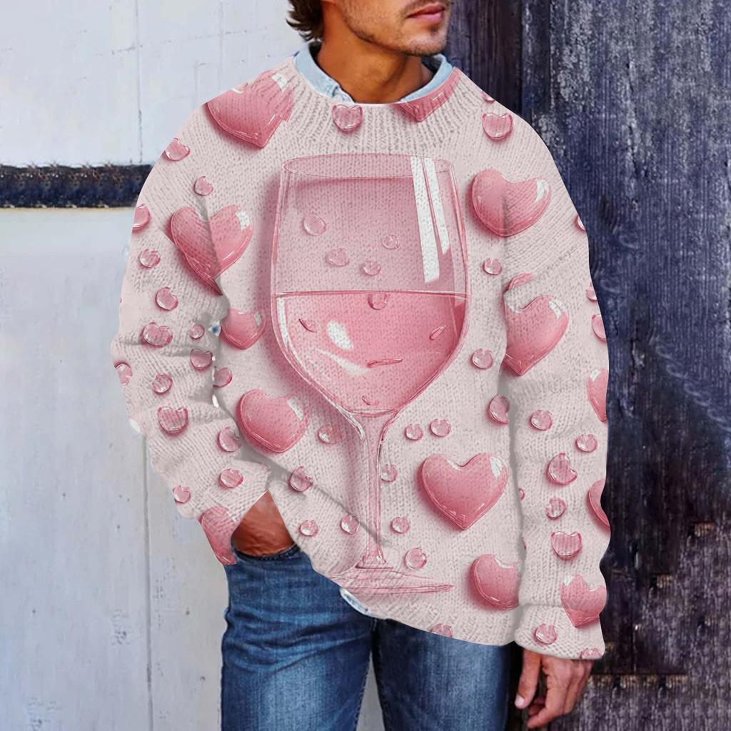 Pánský Valentýnský potisk Faux svetr, Mikina s kulatým výstřihem, Volný top s dlouhým rukávem