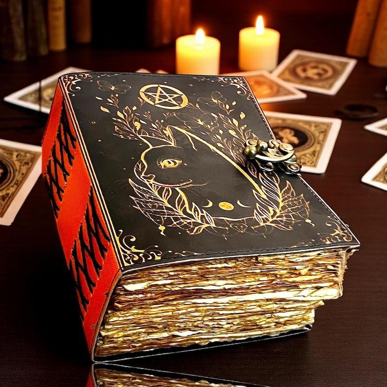 Grimoire Vintage Leather Journal, Celtic Cat Leather Journal, Blank Spell Book of Shadows Celestial Gifts For Him Her