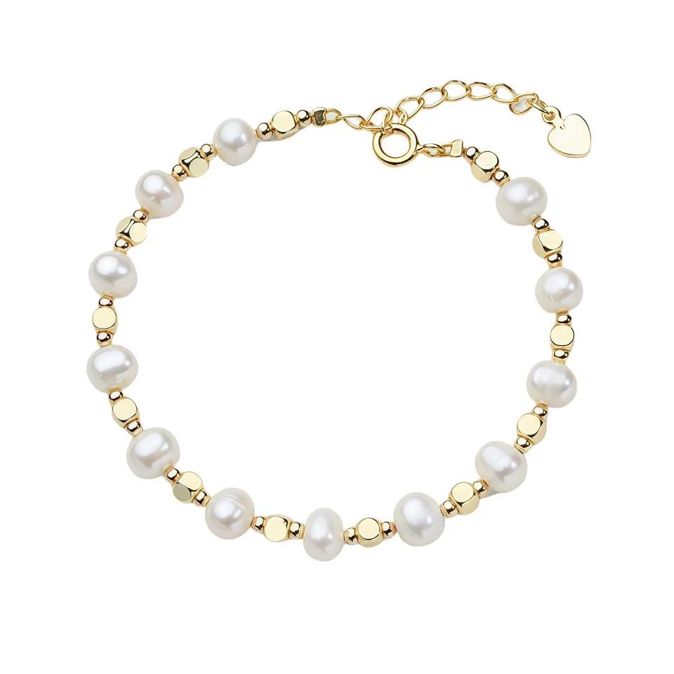 5-6mm Baroque Freshwater Pearl Bracelet for Women Girls Heart Rectangle clasp 16cm+3cm 18k Gold Adjustable Bracelet Jewelry Gift