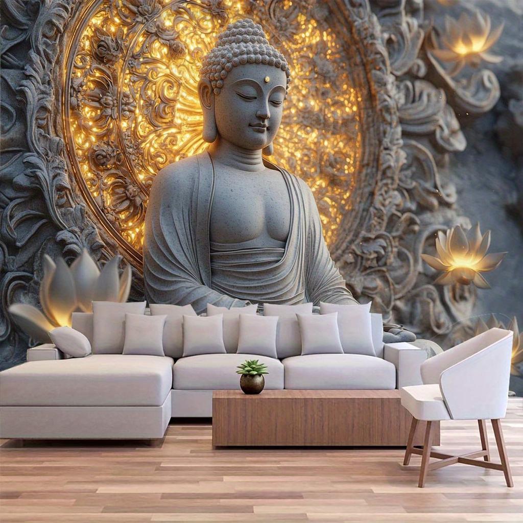 1 unidad de Estatua Gigante de Buda Espiritual y Tapiz de Loto para Colgar en la Pared - Tejido de Poliéster Color Melocotón Beige Claro para Sala de Estar, Dormitorio