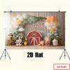 2D Farm Animal Photography Background, Red Barn with Cute Barnyard Animals and Pastel Balloon Kids Birthday Decor Banner