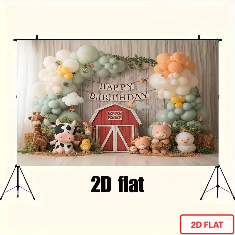 2D Farm Animal Photography Background, Red Barn with Cute Barnyard Animals and Pastel Balloon Kids Birthday Decor Banner