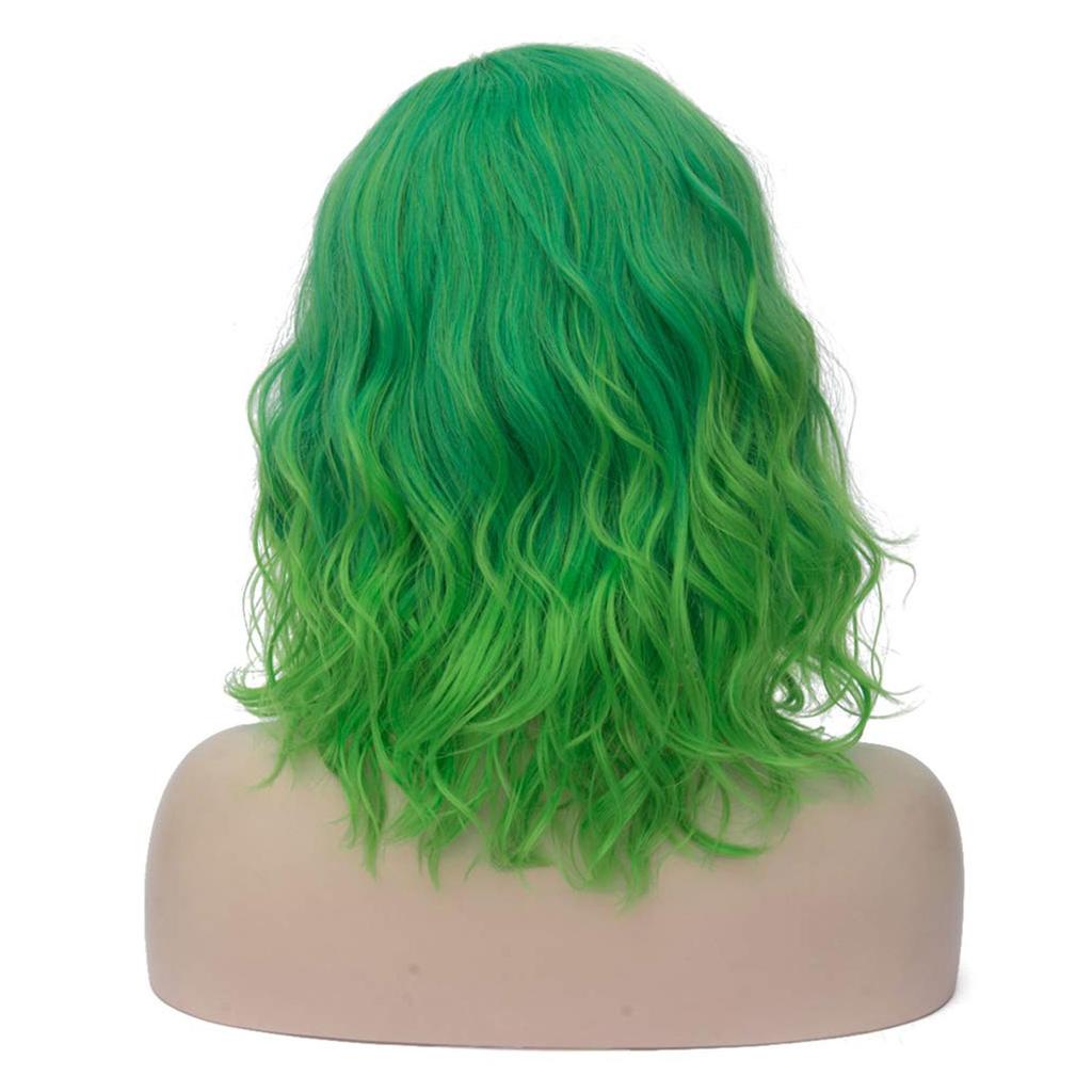 Synthetic Short Curly Bob Wavy Wig Girls Ombre Green 14" Body Wave Shoulder Length Hair Wig Halloween Cosplay Daily Party Wigs