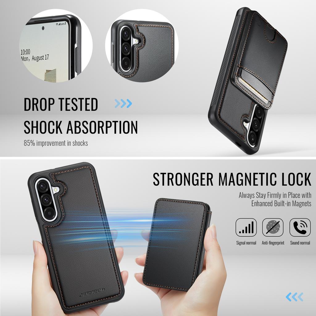 For Samsung Galaxy A36 5G Magnetic Case JEEHOOD J10 Leather Back Phone Cover with Detachable Card Holder Kickstand