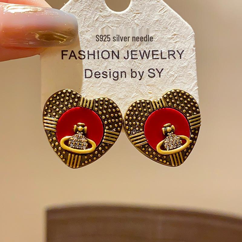 Silver Needle Zircon Heart Stud Earrings - Korean Retro Court Style Luxurious Niche Jewelry